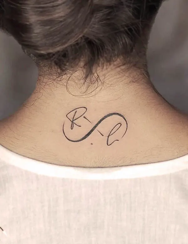 Bold initial infinity neck tattoo