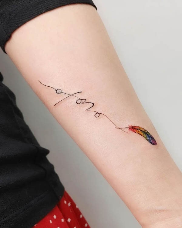 Cute name and feather tattoo