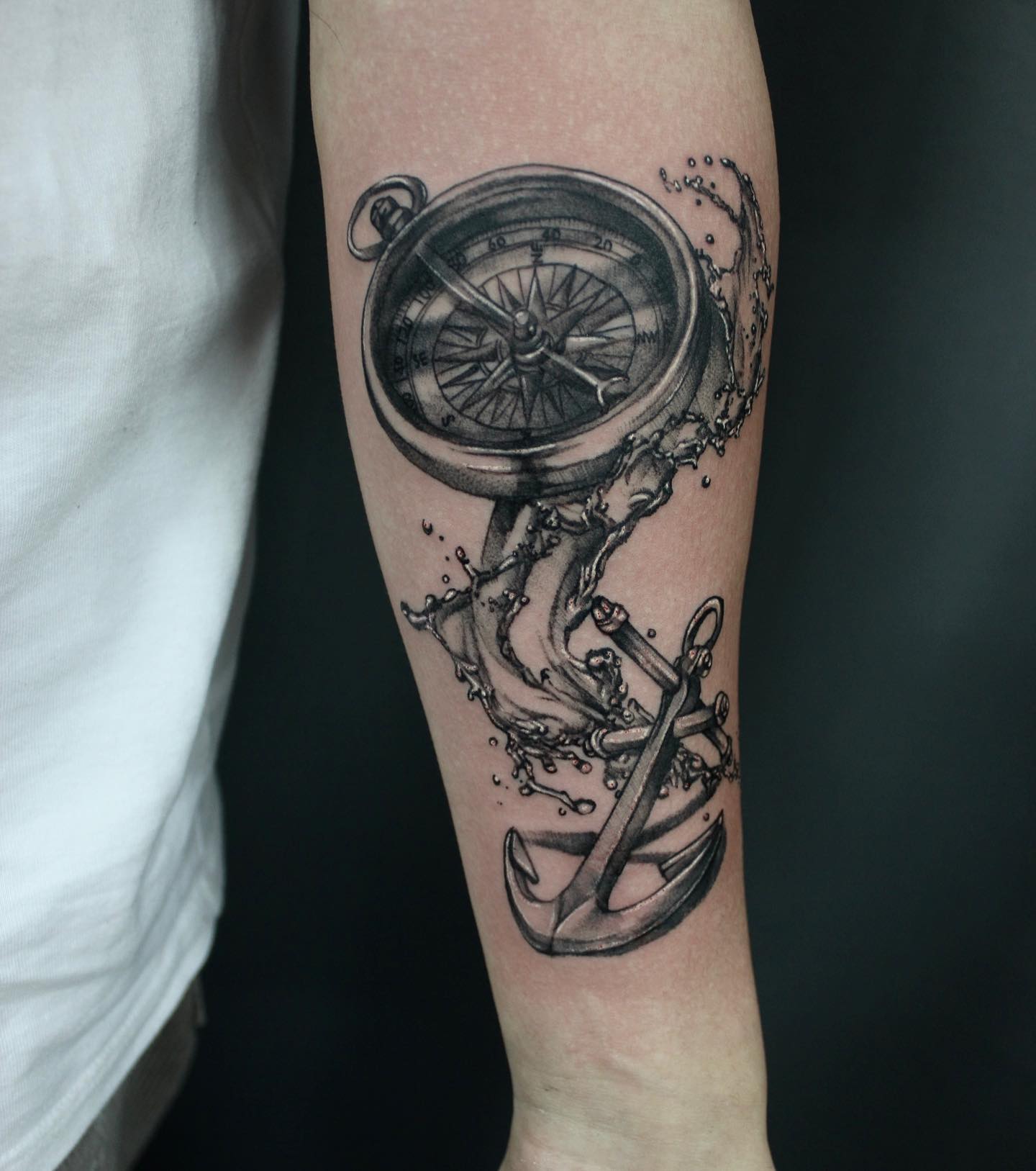 Nautical-Themed Compass and Anchor Tattoo