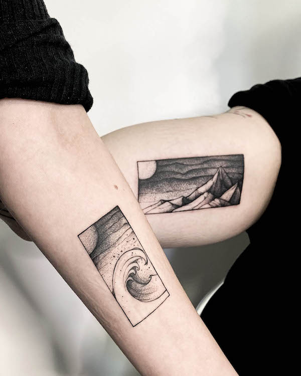 Matching waves and mountains landscape tattoos