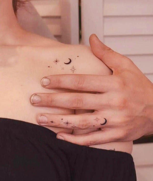 Moon and stars matching tattoos for couple