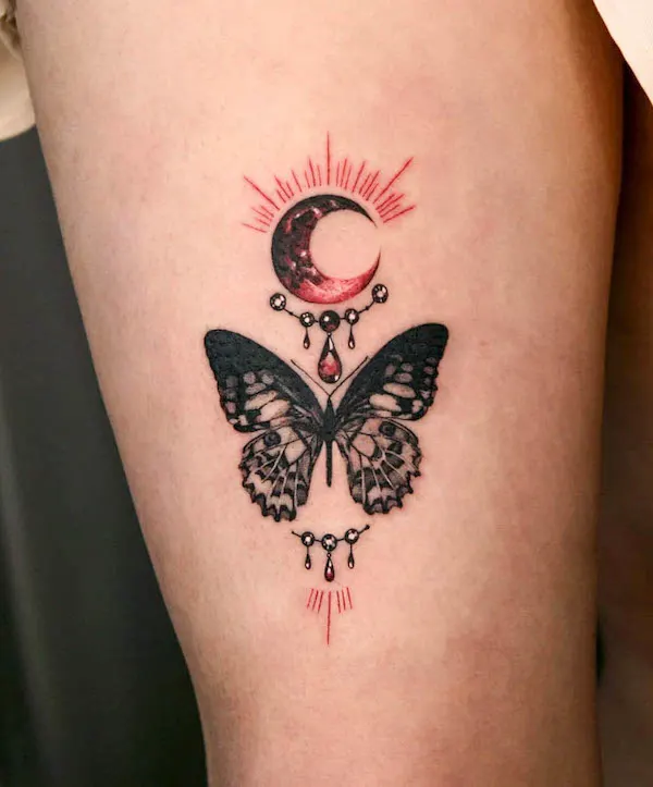 Butterfly and blood moon ornamental tattoo