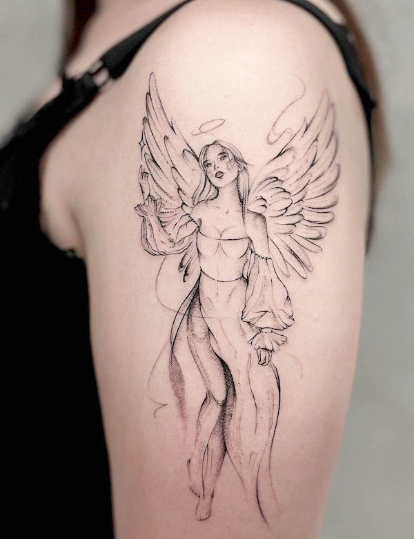 Feminine angel sleeve tattoo