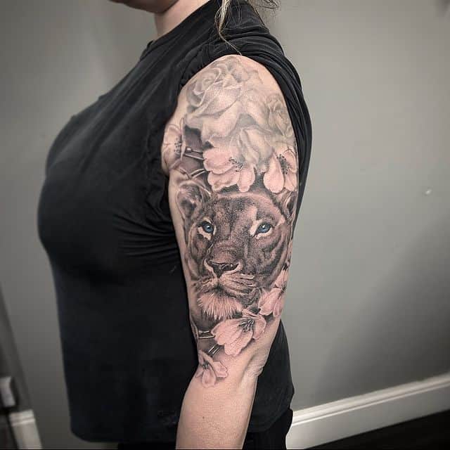 Lioness and roses