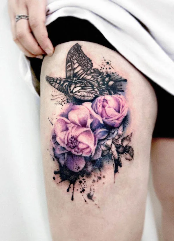 Realism rose and butterfly thigh tattoo