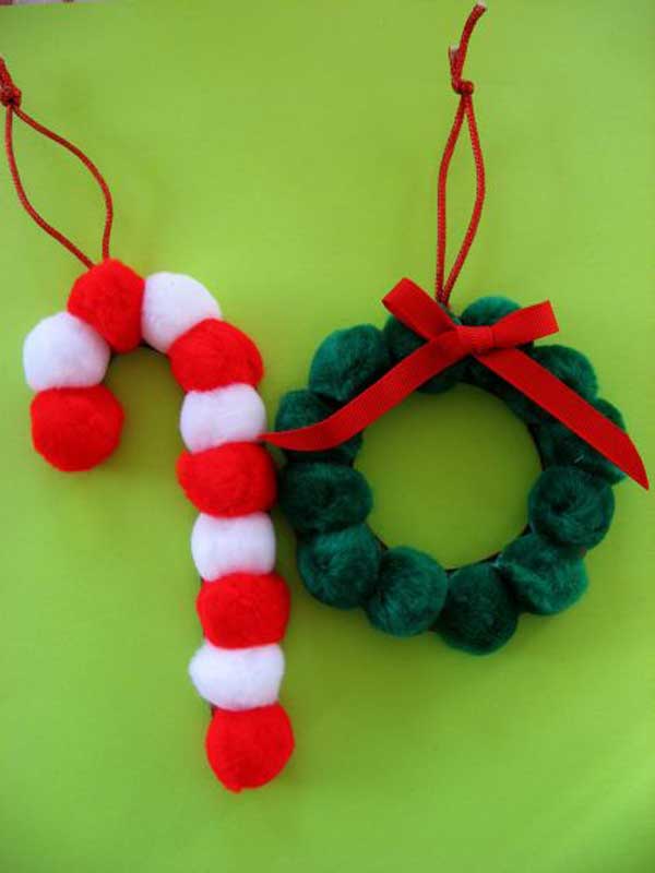 Candy Cane and Wreath Pom Pom Ornaments.