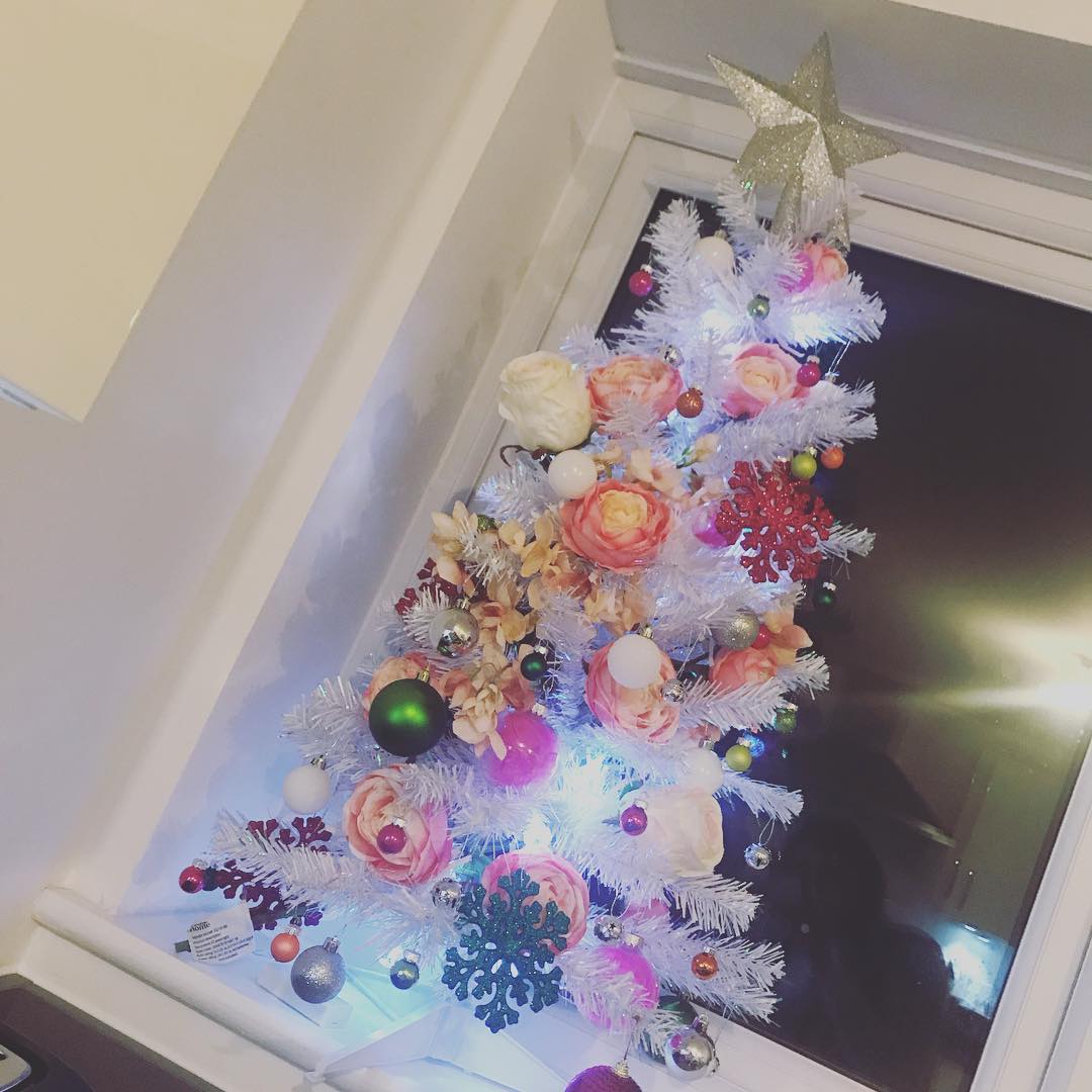 Floral Christmas tree in the kitchen.