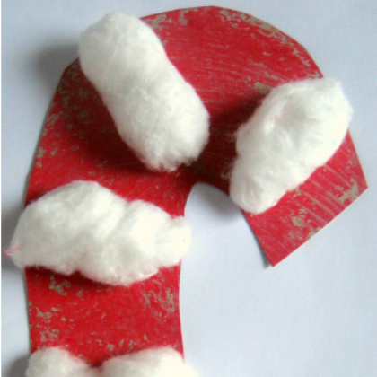 Puffy cotton balls on this candy cane