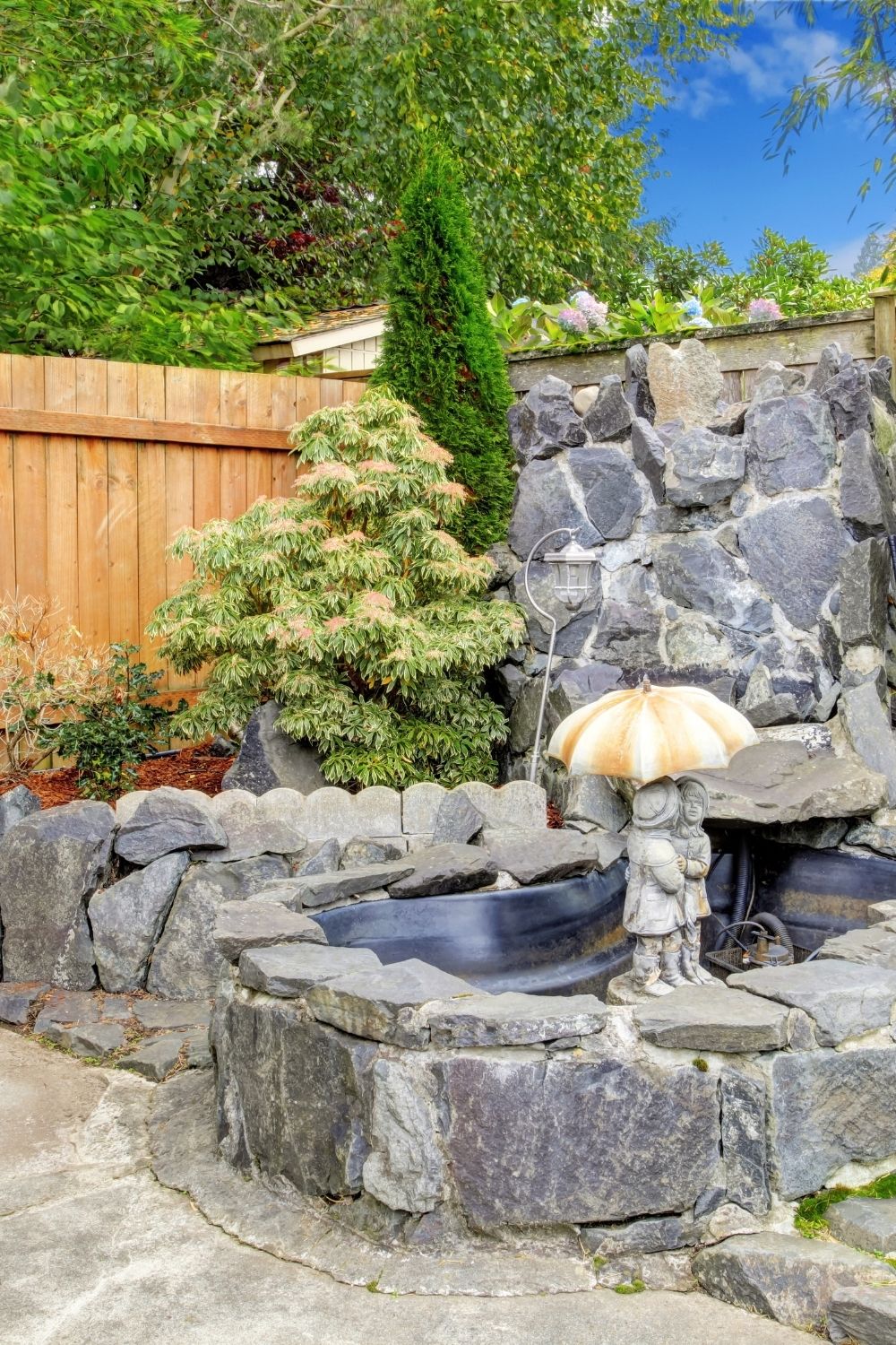 A fountain amidst a rocky backdrop