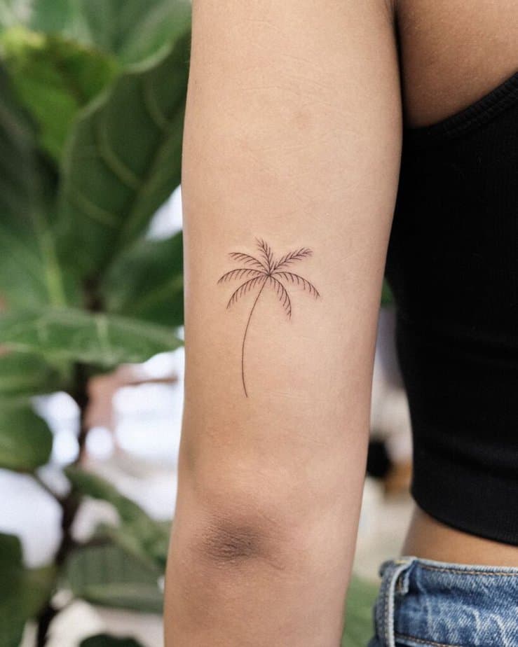 fine-line palm tree tattoo on the back of the arm